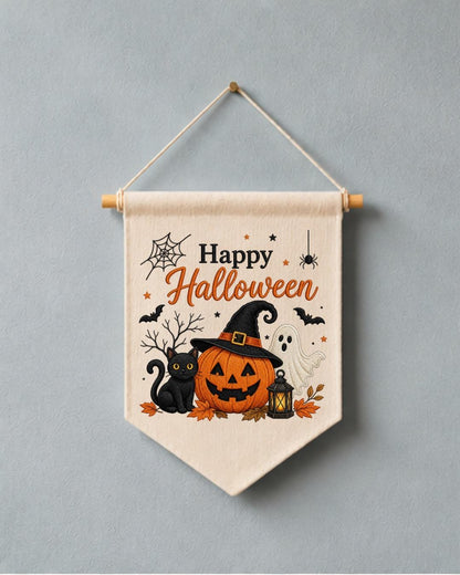 Halloween Embroidered Wall Hanging, Spooky Pumpkin Cat Banner, Ghost Witch Nursery Decor, Cute Fall Home Decoration, Halloween Gift