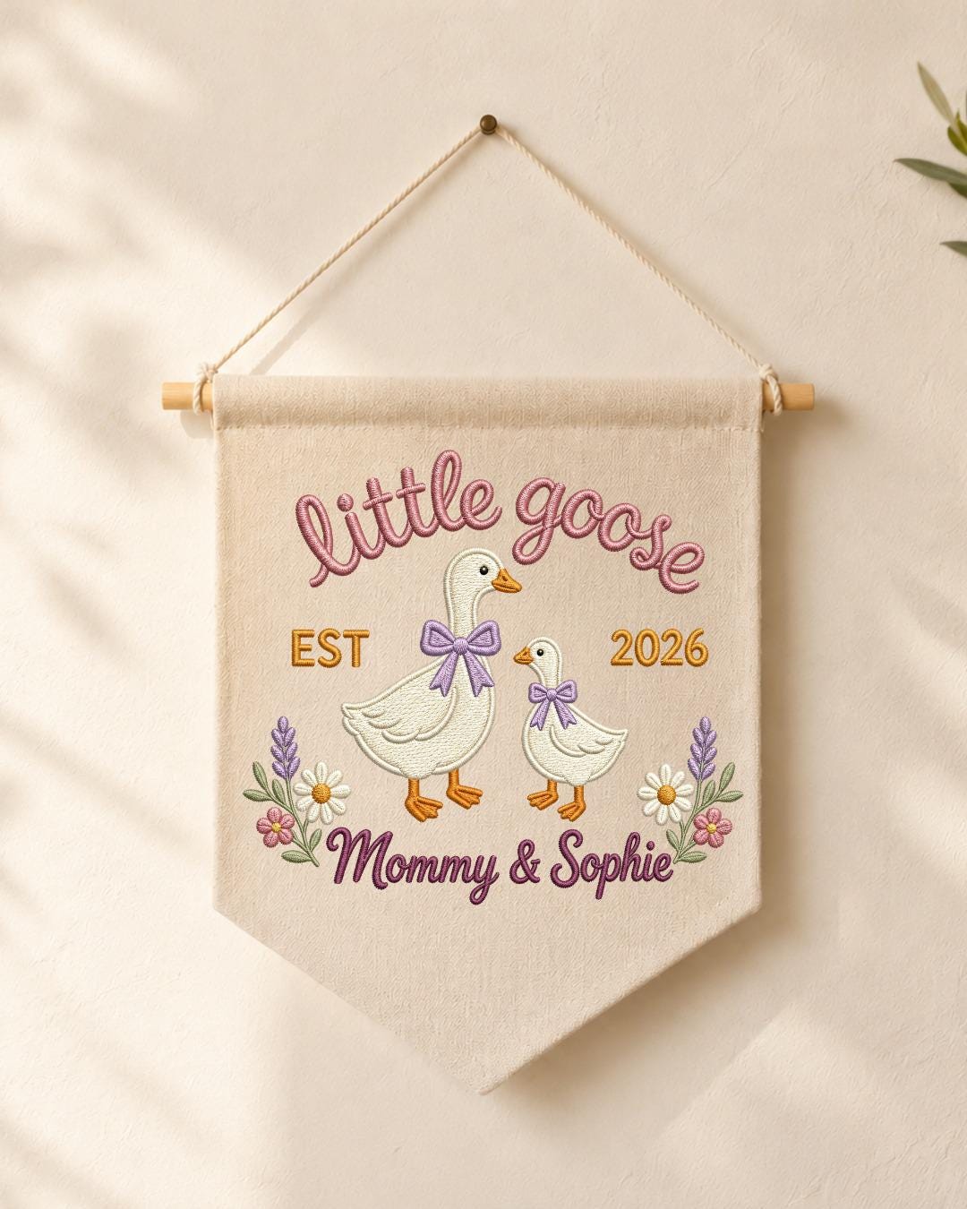 Personalized Little Goose Wall Hanging, Custom Name Embroidered Mommy and Baby Goose Banner, New Mom Nursery Decor, Baby Girl Keepsake Gift