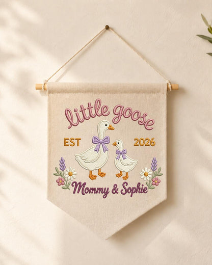 Personalized Little Goose Wall Hanging, Custom Name Embroidered Mommy and Baby Goose Banner, New Mom Nursery Decor, Baby Girl Keepsake Gift