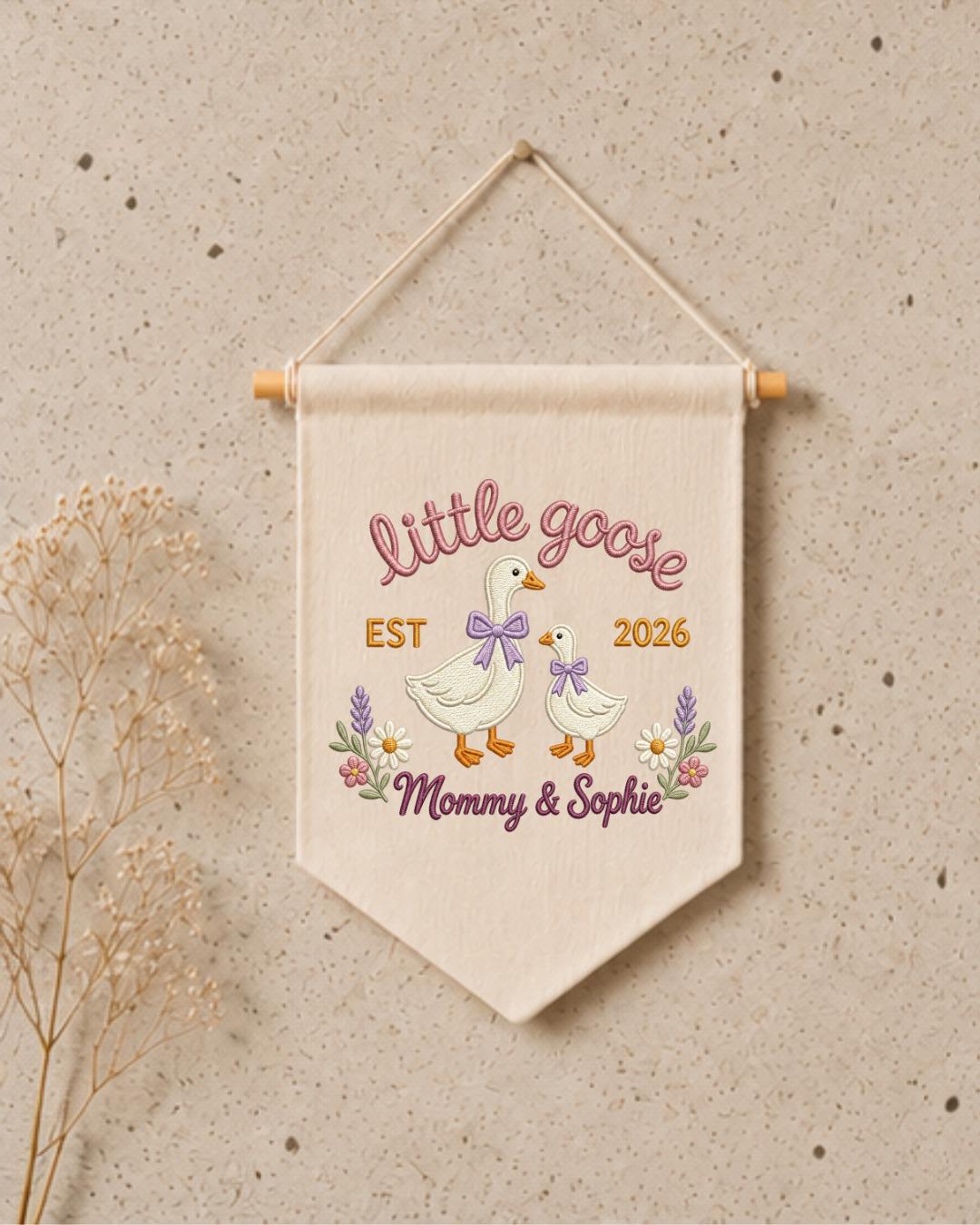 Personalized Little Goose Wall Hanging, Custom Name Embroidered Mommy and Baby Goose Banner, New Mom Nursery Decor, Baby Girl Keepsake Gift