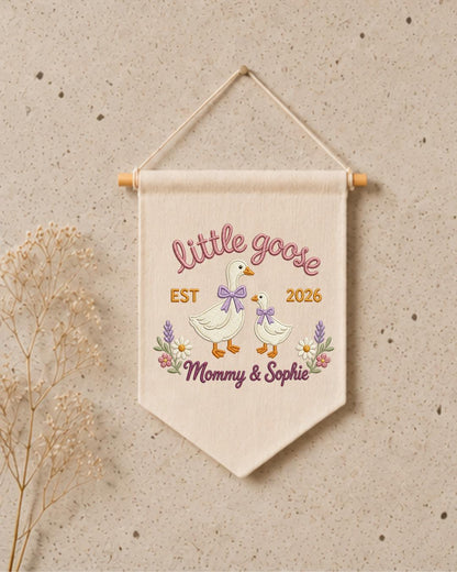 Personalized Little Goose Wall Hanging, Custom Name Embroidered Mommy and Baby Goose Banner, New Mom Nursery Decor, Baby Girl Keepsake Gift