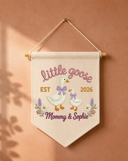 Personalized Little Goose Wall Hanging, Custom Name Embroidered Mommy and Baby Goose Banner, New Mom Nursery Decor, Baby Girl Keepsake Gift
