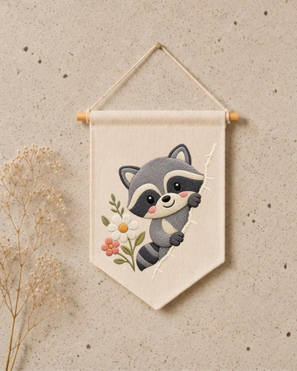Raccoon Embroidered Wall Hanging, Cute Woodland Nursery Banner, Floral Forest Animal Decor, Baby Room Gift, Woodland Home Decor