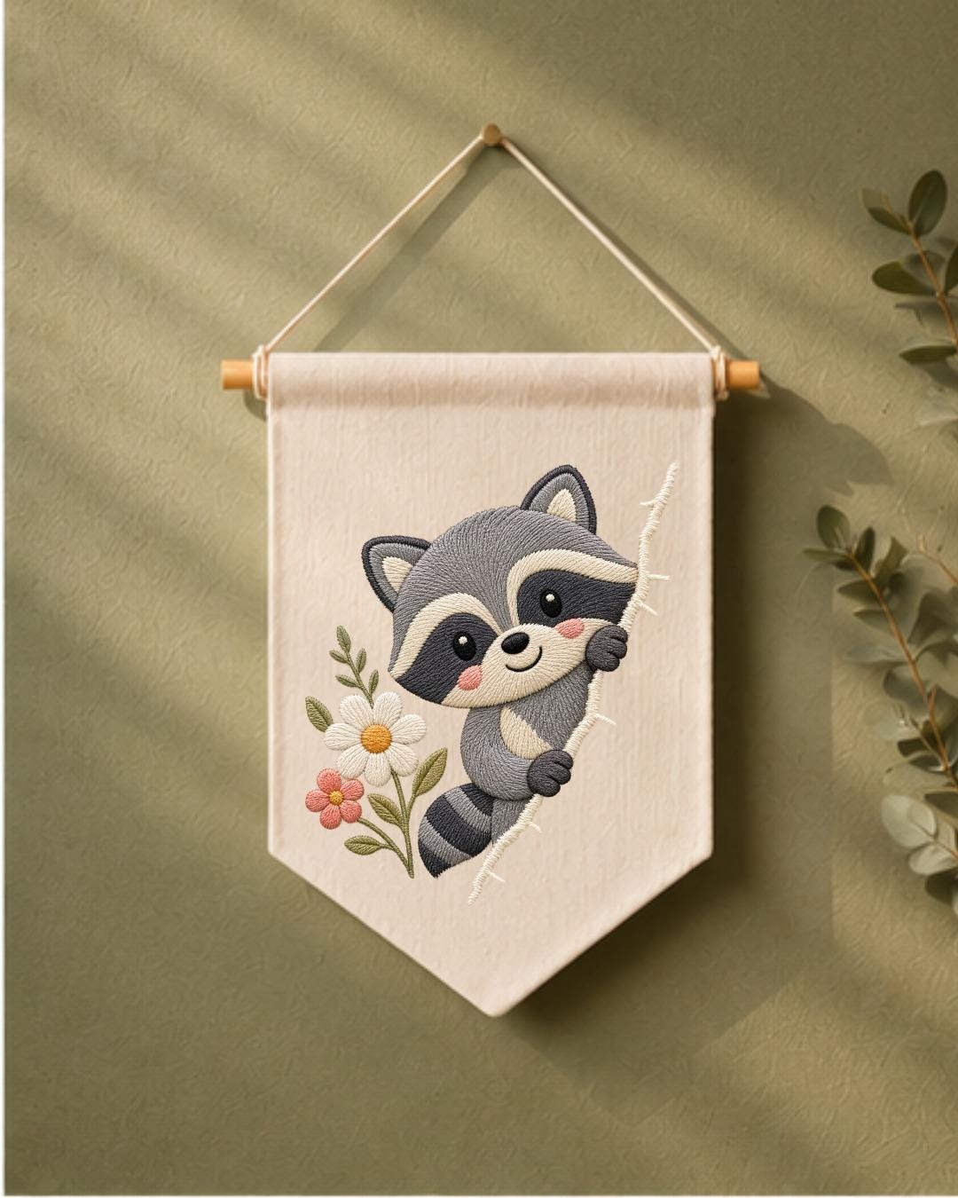 Raccoon Embroidered Wall Hanging, Cute Woodland Nursery Banner, Floral Forest Animal Decor, Baby Room Gift, Woodland Home Decor