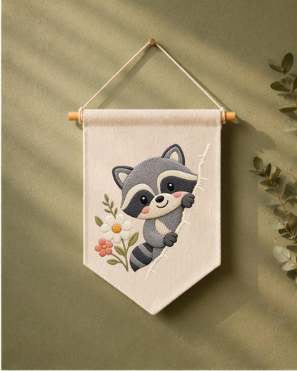 Raccoon Embroidered Wall Hanging, Cute Woodland Nursery Banner, Floral Forest Animal Decor, Baby Room Gift, Woodland Home Decor