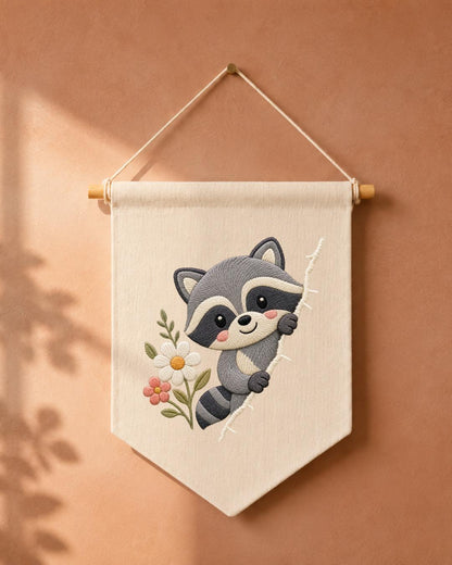 Raccoon Embroidered Wall Hanging, Cute Woodland Nursery Banner, Floral Forest Animal Decor, Baby Room Gift, Woodland Home Decor