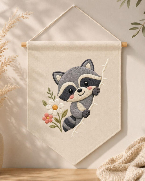 Raccoon Embroidered Wall Hanging, Cute Woodland Nursery Banner, Floral Forest Animal Decor, Baby Room Gift, Woodland Home Decor