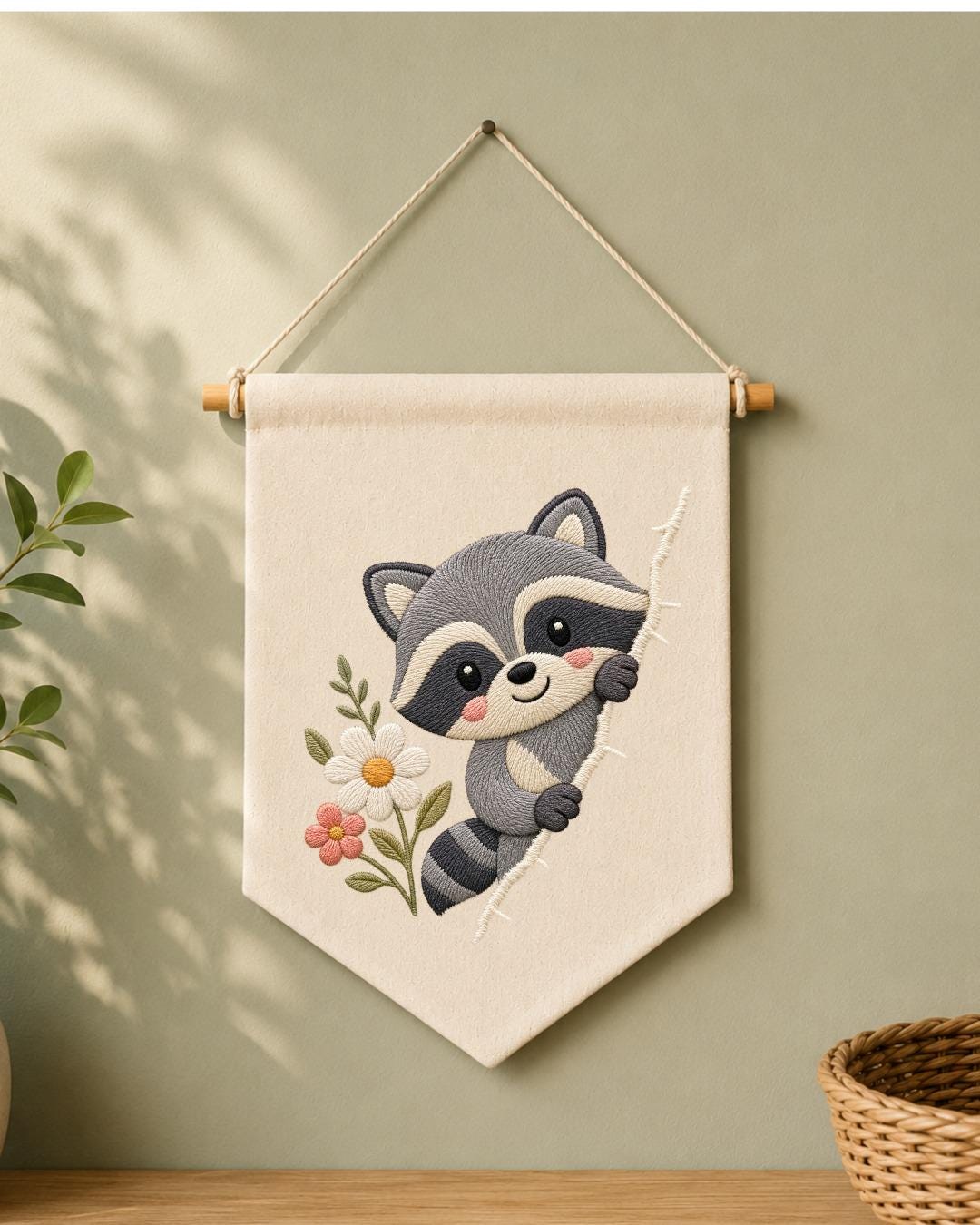 Raccoon Embroidered Wall Hanging, Cute Woodland Nursery Banner, Floral Forest Animal Decor, Baby Room Gift, Woodland Home Decor