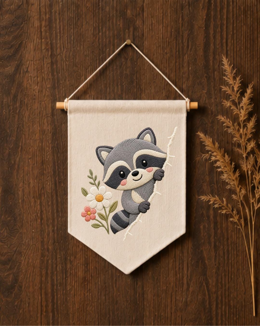 Raccoon Embroidered Wall Hanging, Cute Woodland Nursery Banner, Floral Forest Animal Decor, Baby Room Gift, Woodland Home Decor