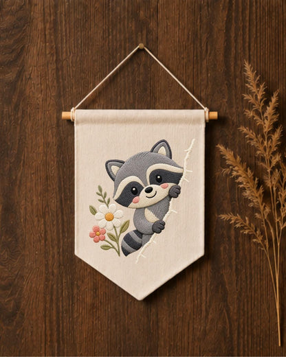 Raccoon Embroidered Wall Hanging, Cute Woodland Nursery Banner, Floral Forest Animal Decor, Baby Room Gift, Woodland Home Decor