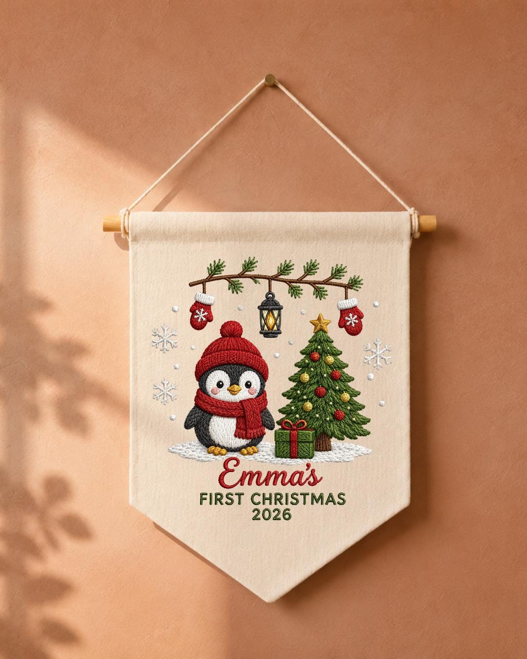 Personalized First Christmas Wall Hanging, Custom Name Embroidered Penguin Banner, Baby Christmas Nursery Decor, Newborn Keepsake Gift 2026