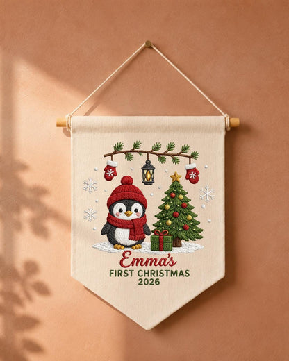 Personalized First Christmas Wall Hanging, Custom Name Embroidered Penguin Banner, Baby Christmas Nursery Decor, Newborn Keepsake Gift 2026