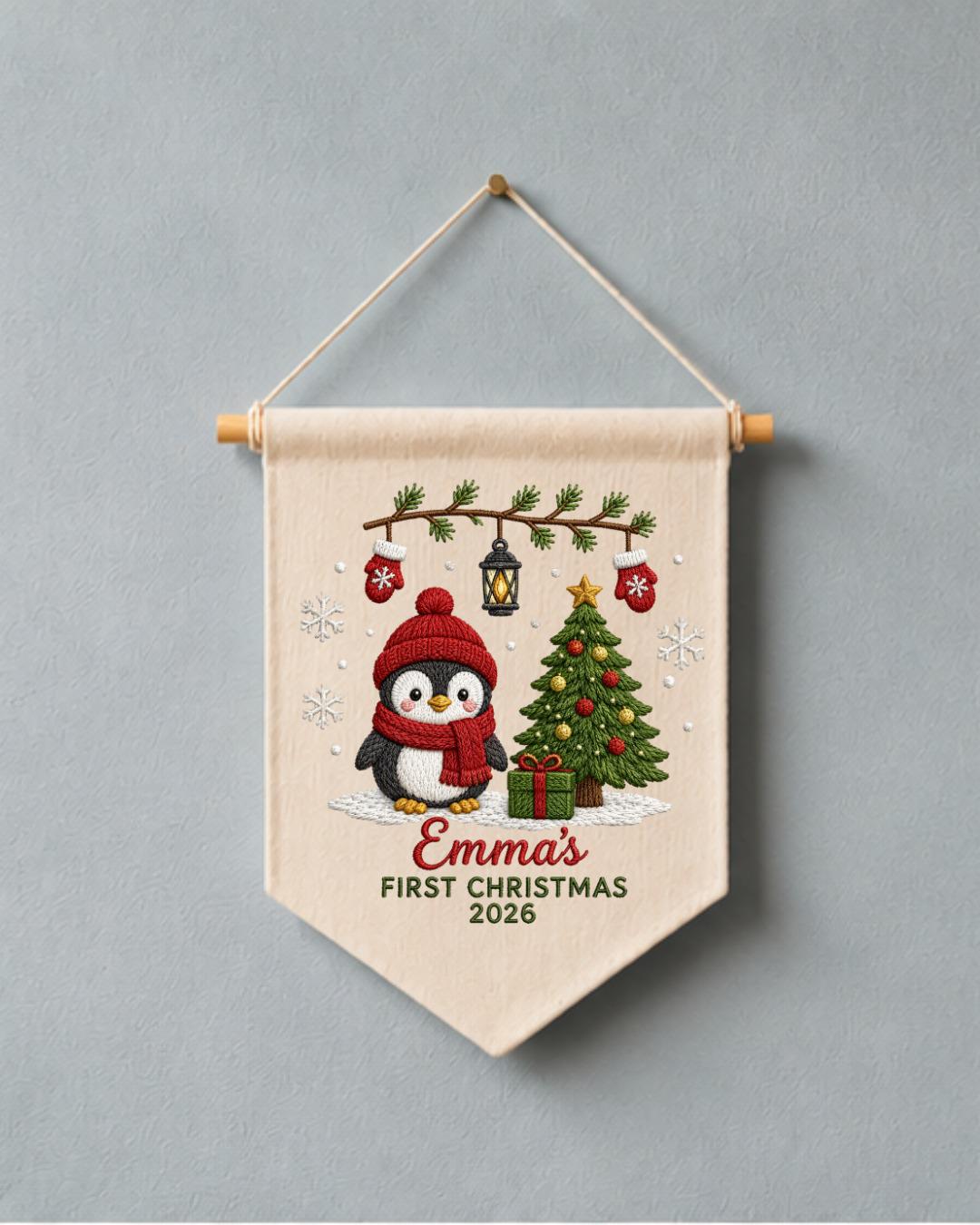 Personalized First Christmas Wall Hanging, Custom Name Embroidered Penguin Banner, Baby Christmas Nursery Decor, Newborn Keepsake Gift 2026