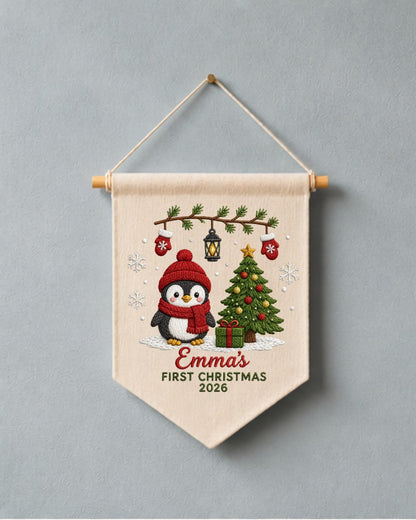 Personalized First Christmas Wall Hanging, Custom Name Embroidered Penguin Banner, Baby Christmas Nursery Decor, Newborn Keepsake Gift 2026