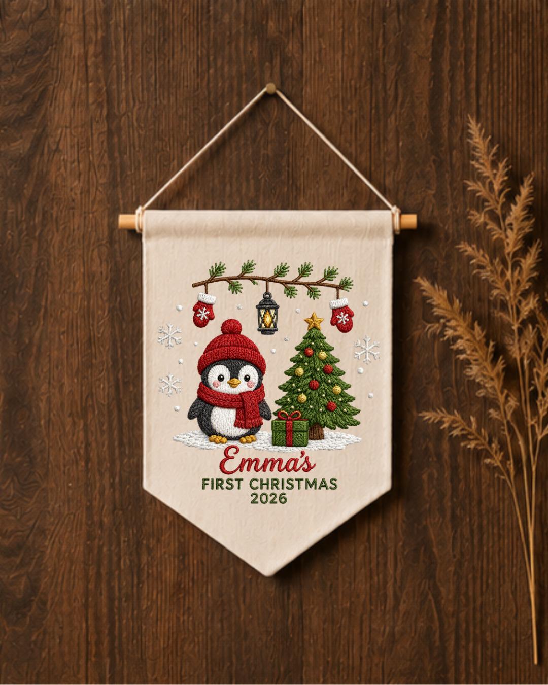 Personalized First Christmas Wall Hanging, Custom Name Embroidered Penguin Banner, Baby Christmas Nursery Decor, Newborn Keepsake Gift 2026