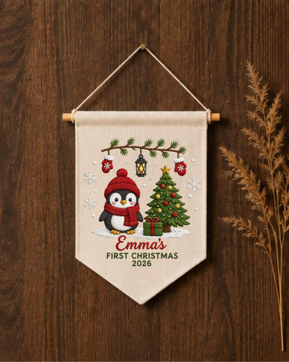 Personalized First Christmas Wall Hanging, Custom Name Embroidered Penguin Banner, Baby Christmas Nursery Decor, Newborn Keepsake Gift 2026