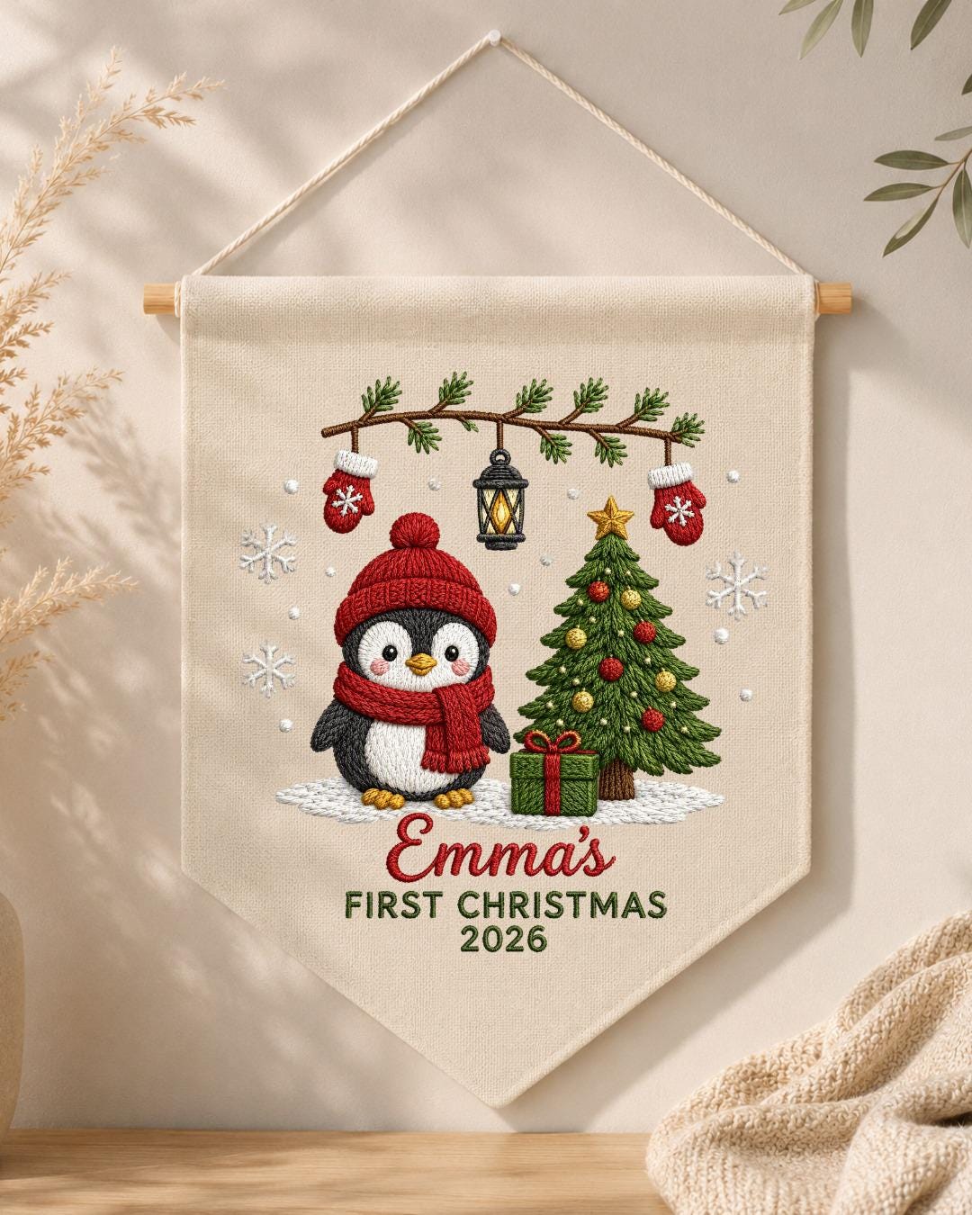 Personalized First Christmas Wall Hanging, Custom Name Embroidered Penguin Banner, Baby Christmas Nursery Decor, Newborn Keepsake Gift 2026