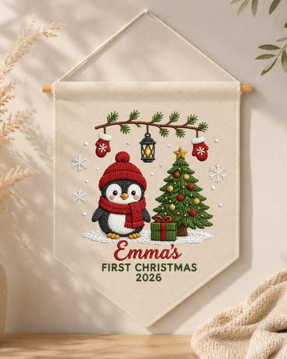 Personalized First Christmas Wall Hanging, Custom Name Embroidered Penguin Banner, Baby Christmas Nursery Decor, Newborn Keepsake Gift 2026
