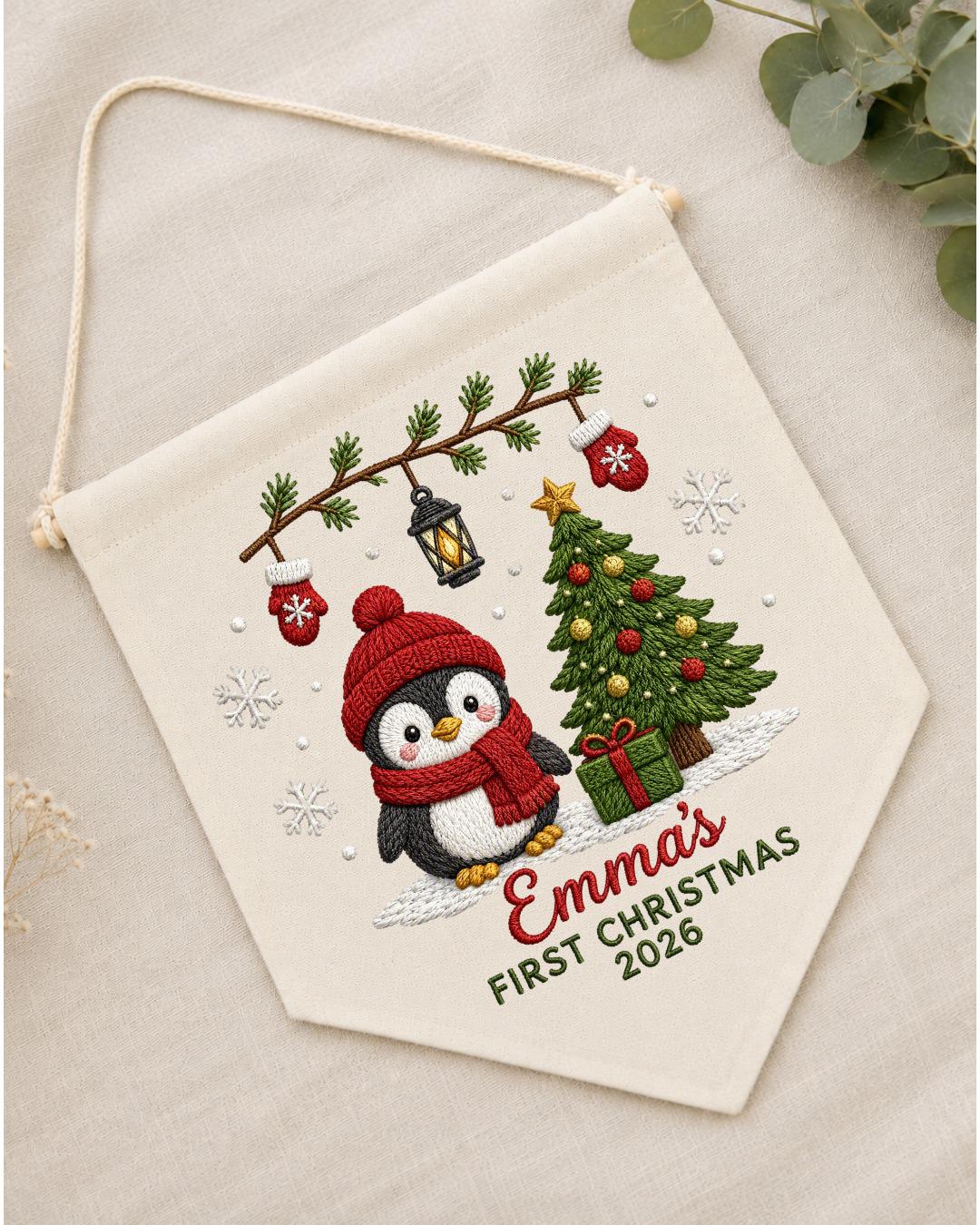Personalized First Christmas Wall Hanging, Custom Name Embroidered Penguin Banner, Baby Christmas Nursery Decor, Newborn Keepsake Gift 2026