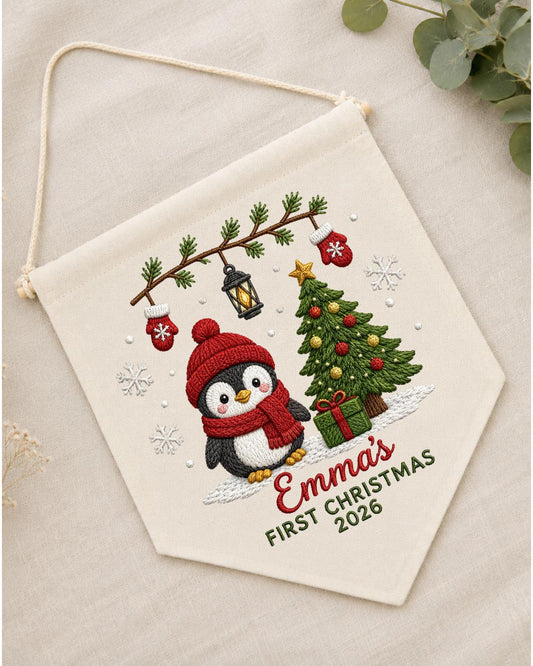 Personalized First Christmas Wall Hanging, Custom Name Embroidered Penguin Banner, Baby Christmas Nursery Decor, Newborn Keepsake Gift 2026