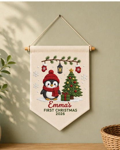 Personalized First Christmas Wall Hanging, Custom Name Embroidered Penguin Banner, Baby Christmas Nursery Decor, Newborn Keepsake Gift 2026