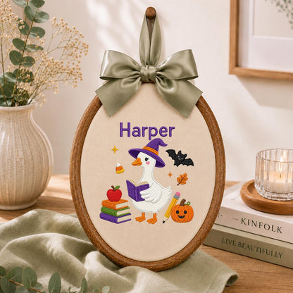 Personalized Halloween Witch Duck Nursery Decor, Custom Name Embroidered Oval Hoop Art, Spooky Cute Witch Goose Book Wall Hanging Sign
