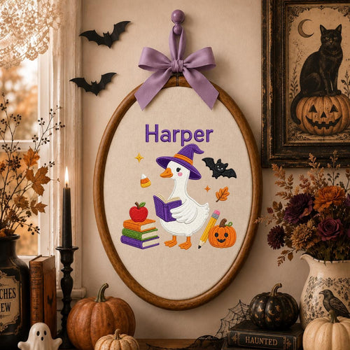Personalized Halloween Witch Duck Nursery Decor, Custom Name Embroidered Oval Hoop Art, Spooky Cute Witch Goose Book Wall Hanging Sign
