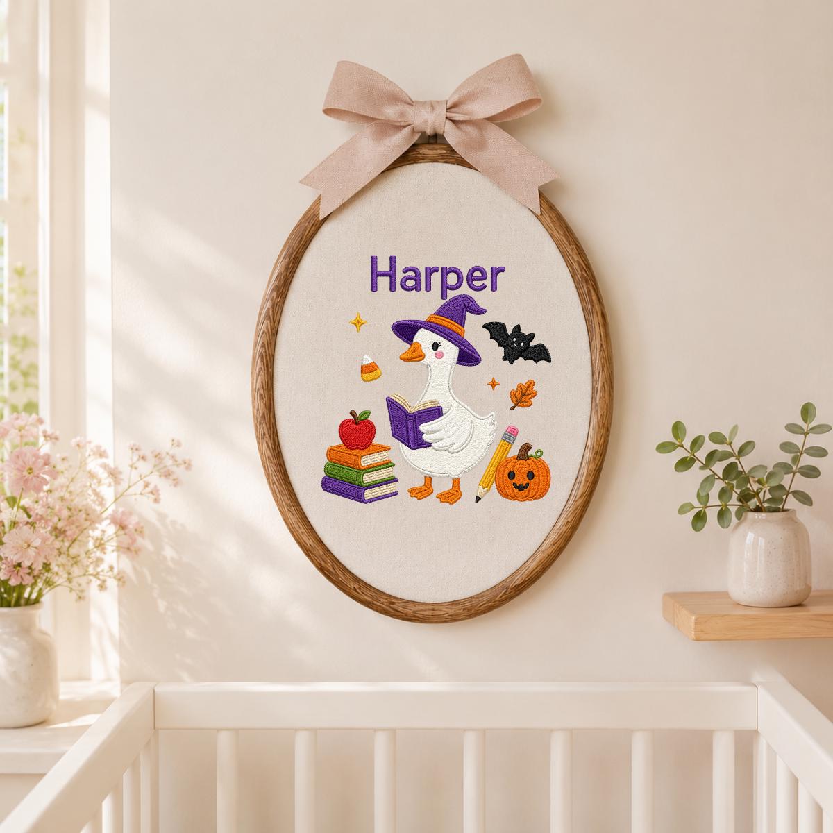 Personalized Halloween Witch Duck Nursery Decor, Custom Name Embroidered Oval Hoop Art, Spooky Cute Witch Goose Book Wall Hanging Sign