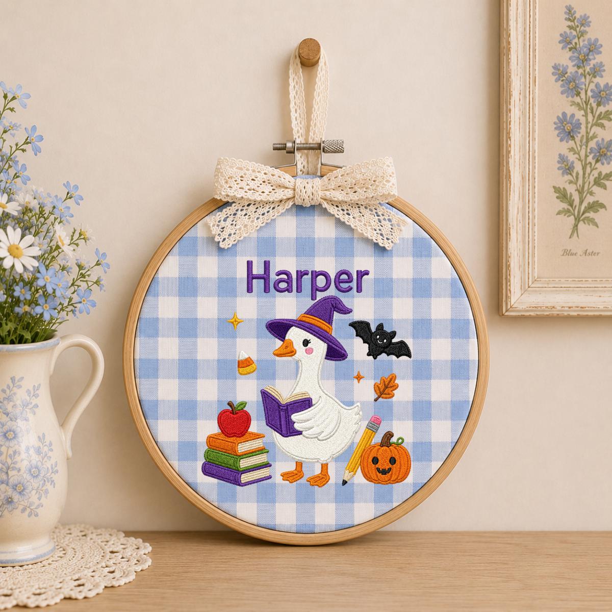 Personalized Halloween Witch Duck Nursery Decor, Custom Name Embroidered Oval Hoop Art, Spooky Cute Witch Goose Book Wall Hanging Sign