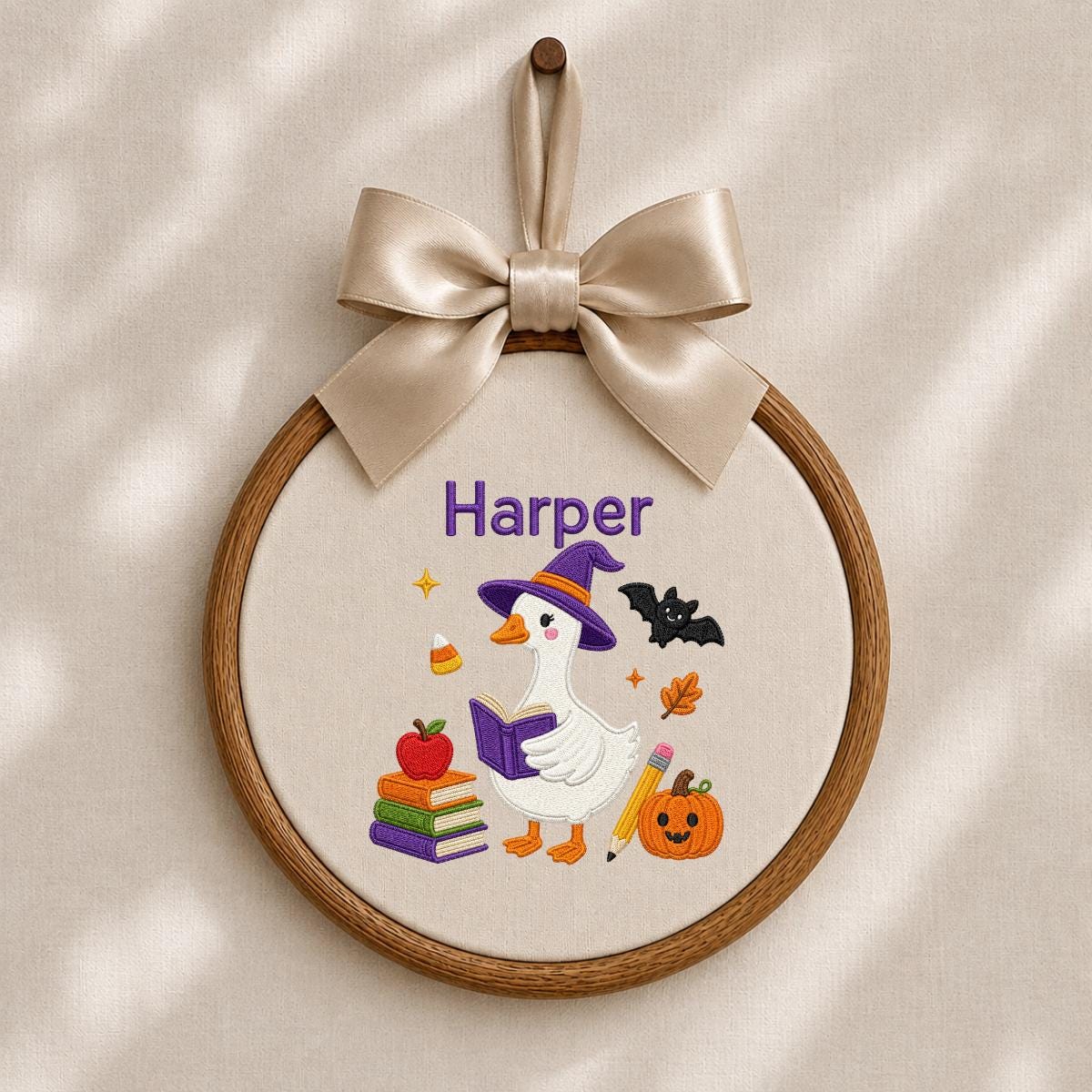 Personalized Halloween Witch Duck Nursery Decor, Custom Name Embroidered Oval Hoop Art, Spooky Cute Witch Goose Book Wall Hanging Sign