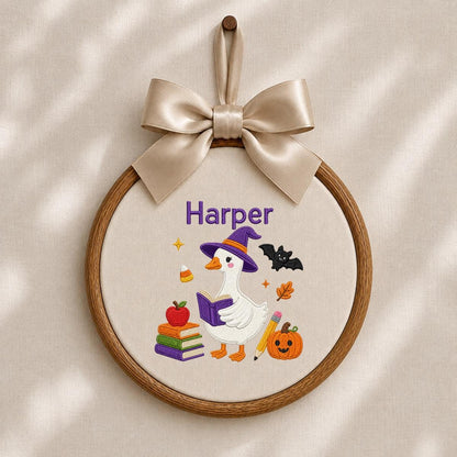 Personalized Halloween Witch Duck Nursery Decor, Custom Name Embroidered Oval Hoop Art, Spooky Cute Witch Goose Book Wall Hanging Sign