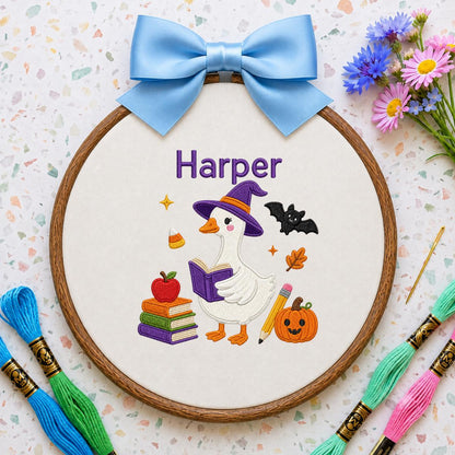 Personalized Halloween Witch Duck Nursery Decor, Custom Name Embroidered Oval Hoop Art, Spooky Cute Witch Goose Book Wall Hanging Sign