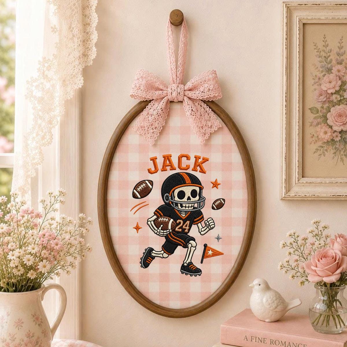 Personalized Halloween Football Skeleton Nursery Decor, Custom Name Embroidered Oval Hoop Art, Spooky Football Player Boy Room Sign