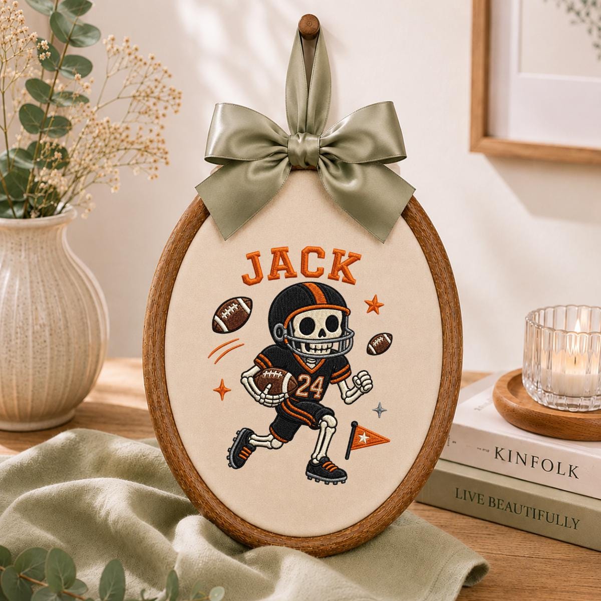 Personalized Halloween Football Skeleton Nursery Decor, Custom Name Embroidered Oval Hoop Art, Spooky Football Player Boy Room Sign
