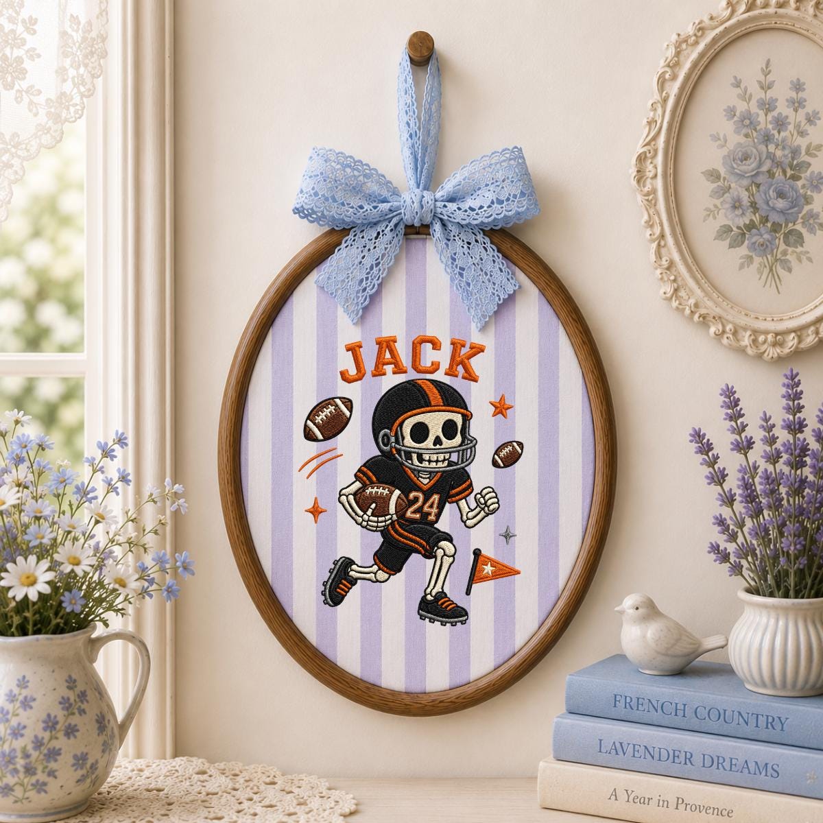 Personalized Halloween Football Skeleton Nursery Decor, Custom Name Embroidered Oval Hoop Art, Spooky Football Player Boy Room Sign