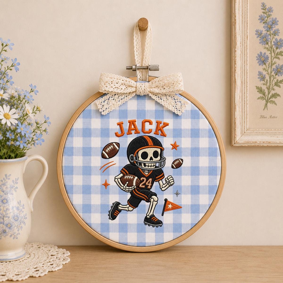 Personalized Halloween Football Skeleton Nursery Decor, Custom Name Embroidered Oval Hoop Art, Spooky Football Player Boy Room Sign