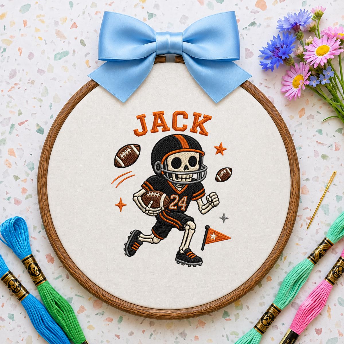 Personalized Halloween Football Skeleton Nursery Decor, Custom Name Embroidered Oval Hoop Art, Spooky Football Player Boy Room Sign