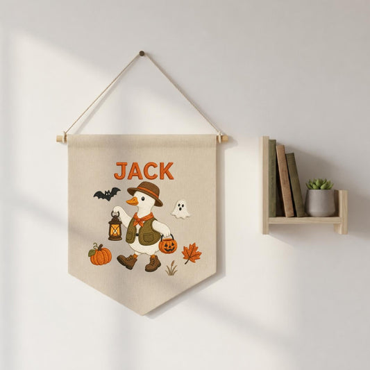 Custom Name Halloween Trick or Treat Duck Embroidered Canvas Pennant Banner, Cute Goose Lantern Pumpkin Kids Room Wall Hanging Decor