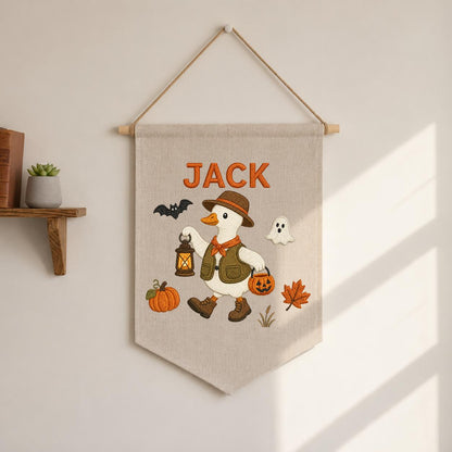 Custom Name Halloween Trick or Treat Duck Embroidered Canvas Pennant Banner, Cute Goose Lantern Pumpkin Kids Room Wall Hanging Decor