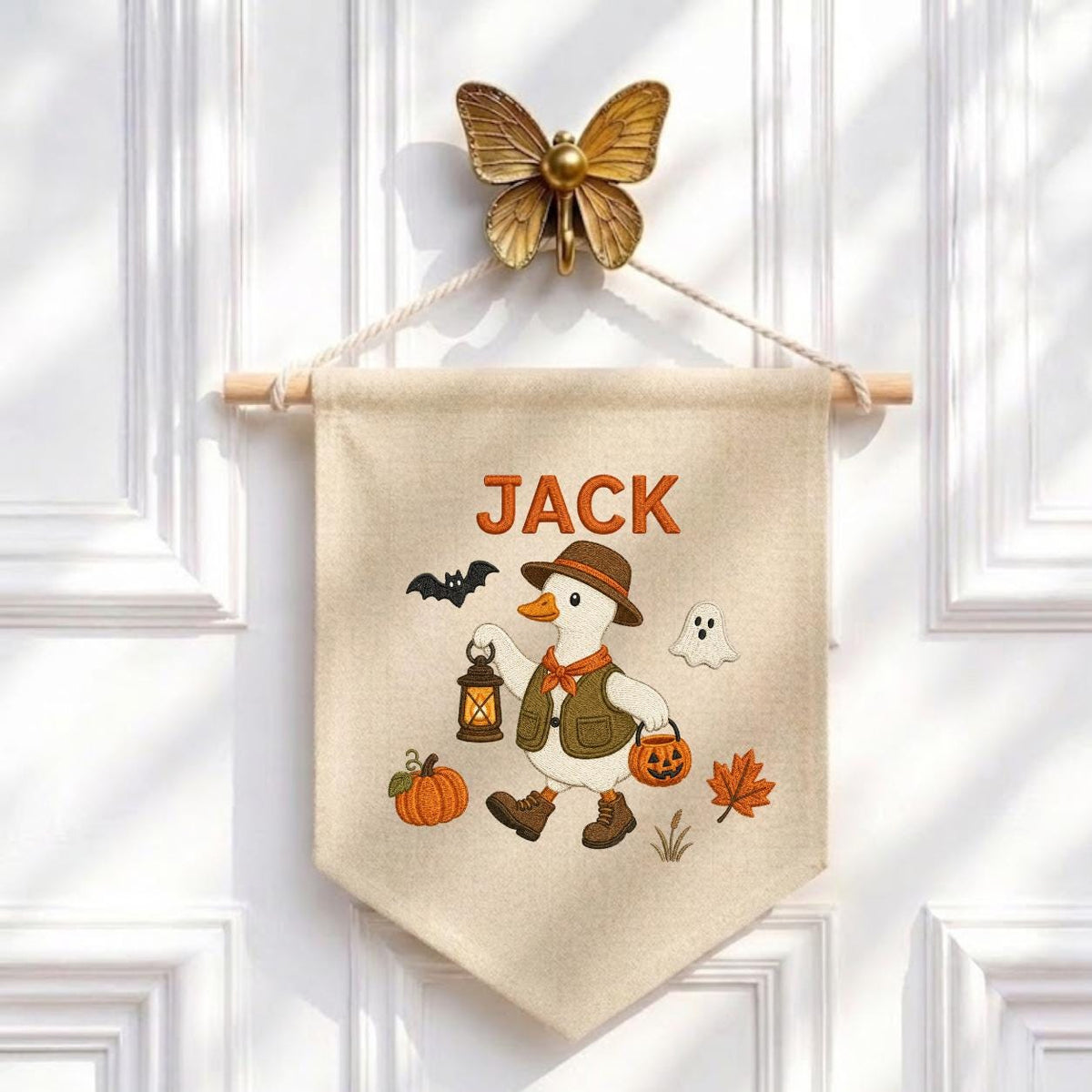 Custom Name Halloween Trick or Treat Duck Embroidered Canvas Pennant Banner, Cute Goose Lantern Pumpkin Kids Room Wall Hanging Decor