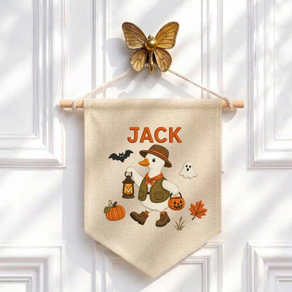 Custom Name Halloween Trick or Treat Duck Embroidered Canvas Pennant Banner, Cute Goose Lantern Pumpkin Kids Room Wall Hanging Decor