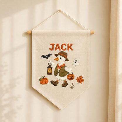 Custom Name Halloween Trick or Treat Duck Embroidered Canvas Pennant Banner, Cute Goose Lantern Pumpkin Kids Room Wall Hanging Decor
