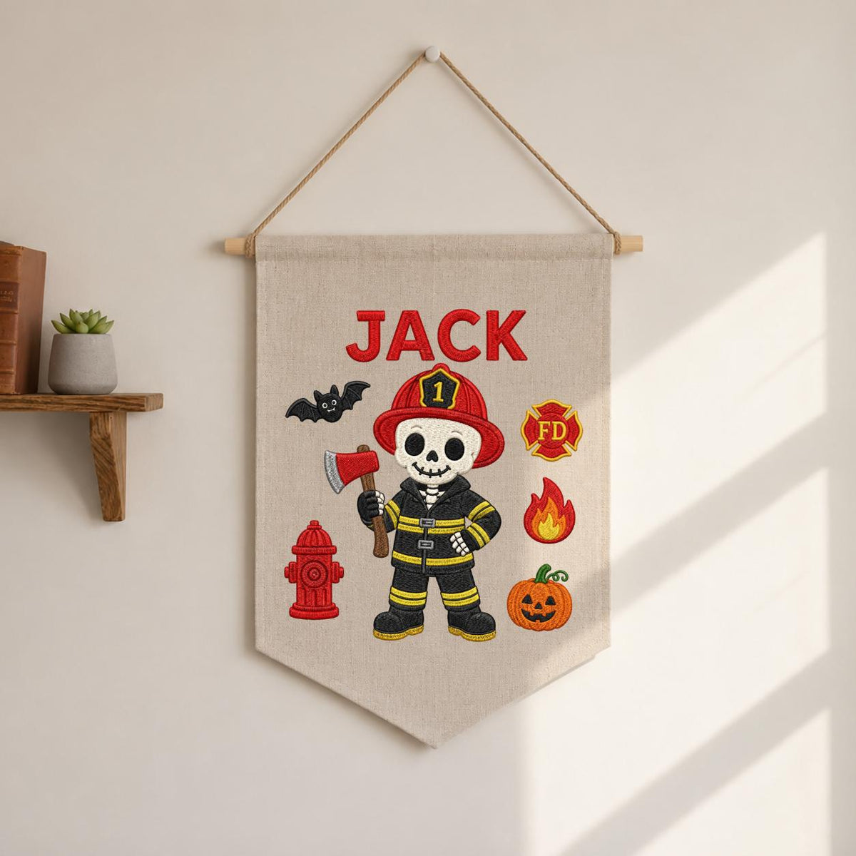 Personalized Halloween Skeleton Firefighter Nursery Decor, Custom Name Embroidered Canvas Pennant Banner, Spooky Fireman Wall Sign