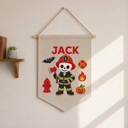 Personalized Halloween Skeleton Firefighter Nursery Decor, Custom Name Embroidered Canvas Pennant Banner, Spooky Fireman Wall Sign