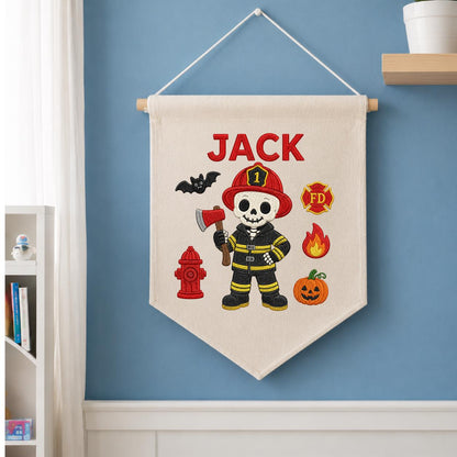 Personalized Halloween Skeleton Firefighter Nursery Decor, Custom Name Embroidered Canvas Pennant Banner, Spooky Fireman Wall Sign