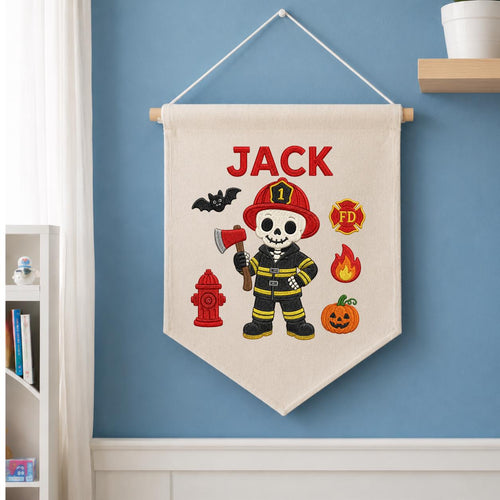 Personalized Halloween Skeleton Firefighter Nursery Decor, Custom Name Embroidered Canvas Pennant Banner, Spooky Fireman Wall Sign