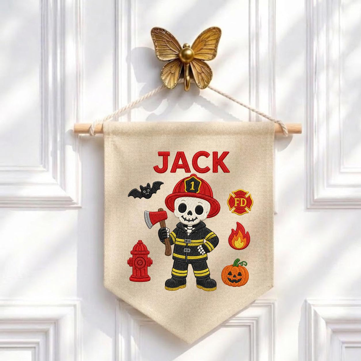 Personalized Halloween Skeleton Firefighter Nursery Decor, Custom Name Embroidered Canvas Pennant Banner, Spooky Fireman Wall Sign