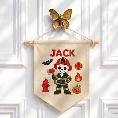 Personalized Halloween Skeleton Firefighter Nursery Decor, Custom Name Embroidered Canvas Pennant Banner, Spooky Fireman Wall Sign
