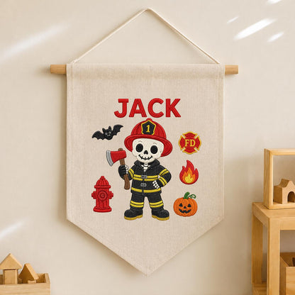 Personalized Halloween Skeleton Firefighter Nursery Decor, Custom Name Embroidered Canvas Pennant Banner, Spooky Fireman Wall Sign