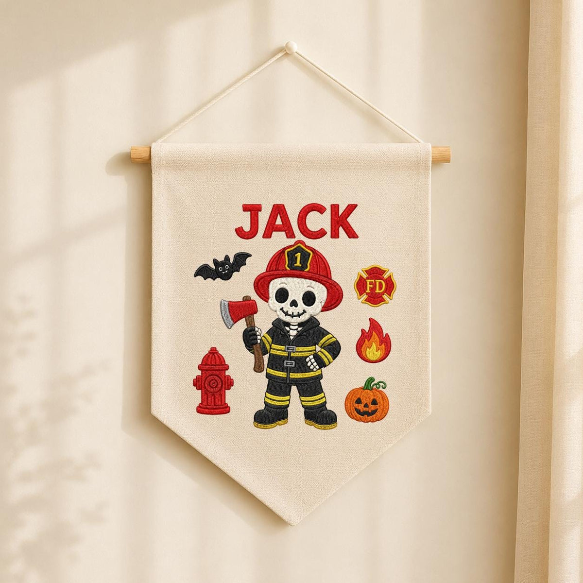 Personalized Halloween Skeleton Firefighter Nursery Decor, Custom Name Embroidered Canvas Pennant Banner, Spooky Fireman Wall Sign